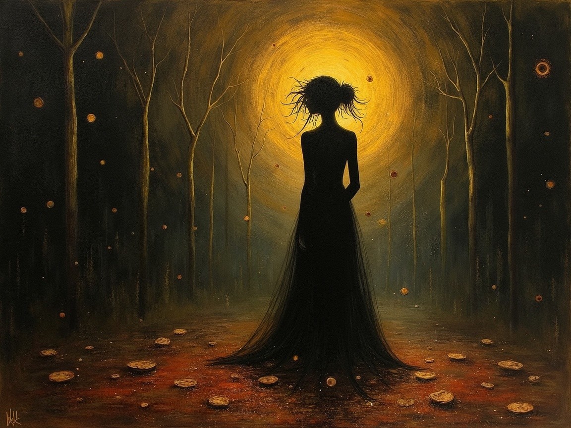 Shadowy Figure in Dark Forest Under Golden Moon