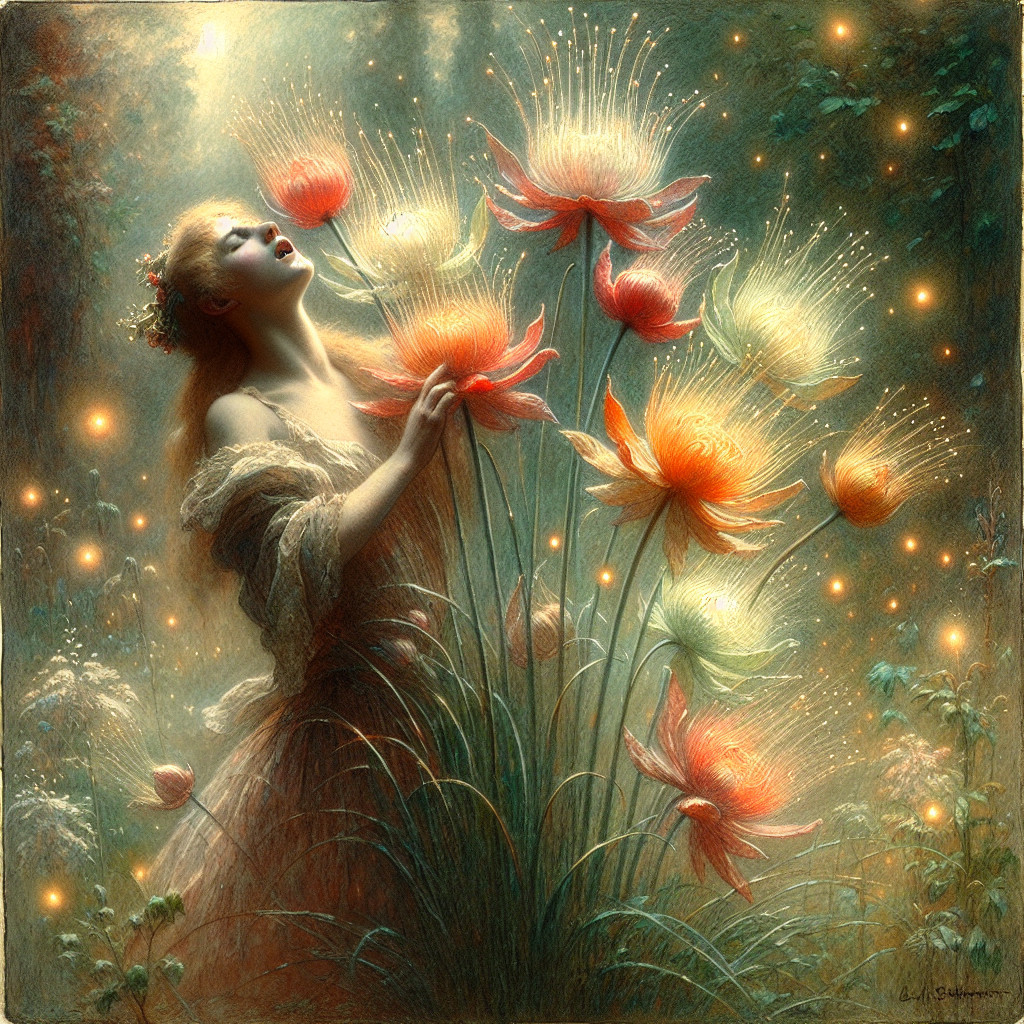 Woman in Dreamlike Forest with Glowing Flowers