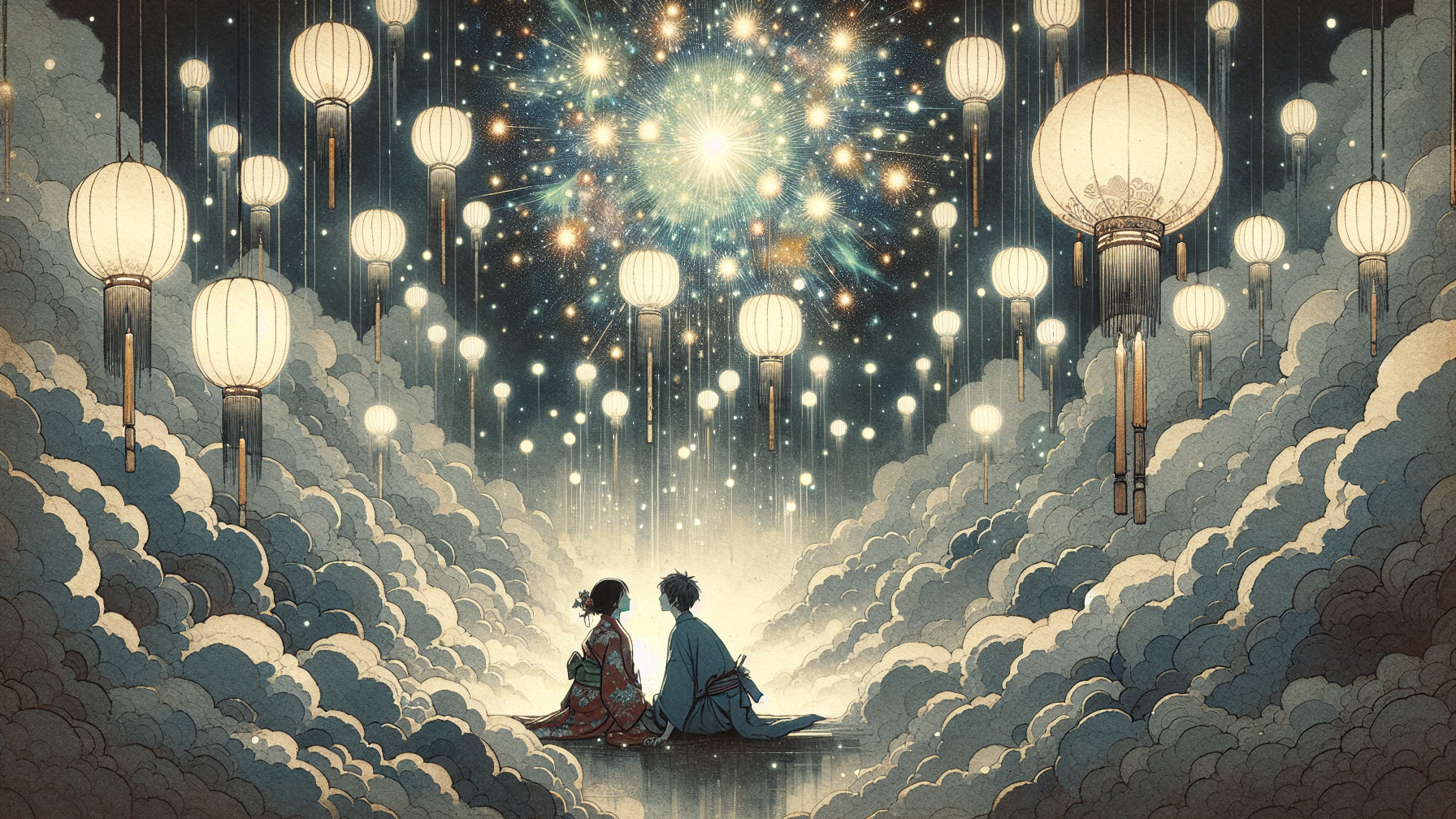 Figures in traditional attire under fireworks display