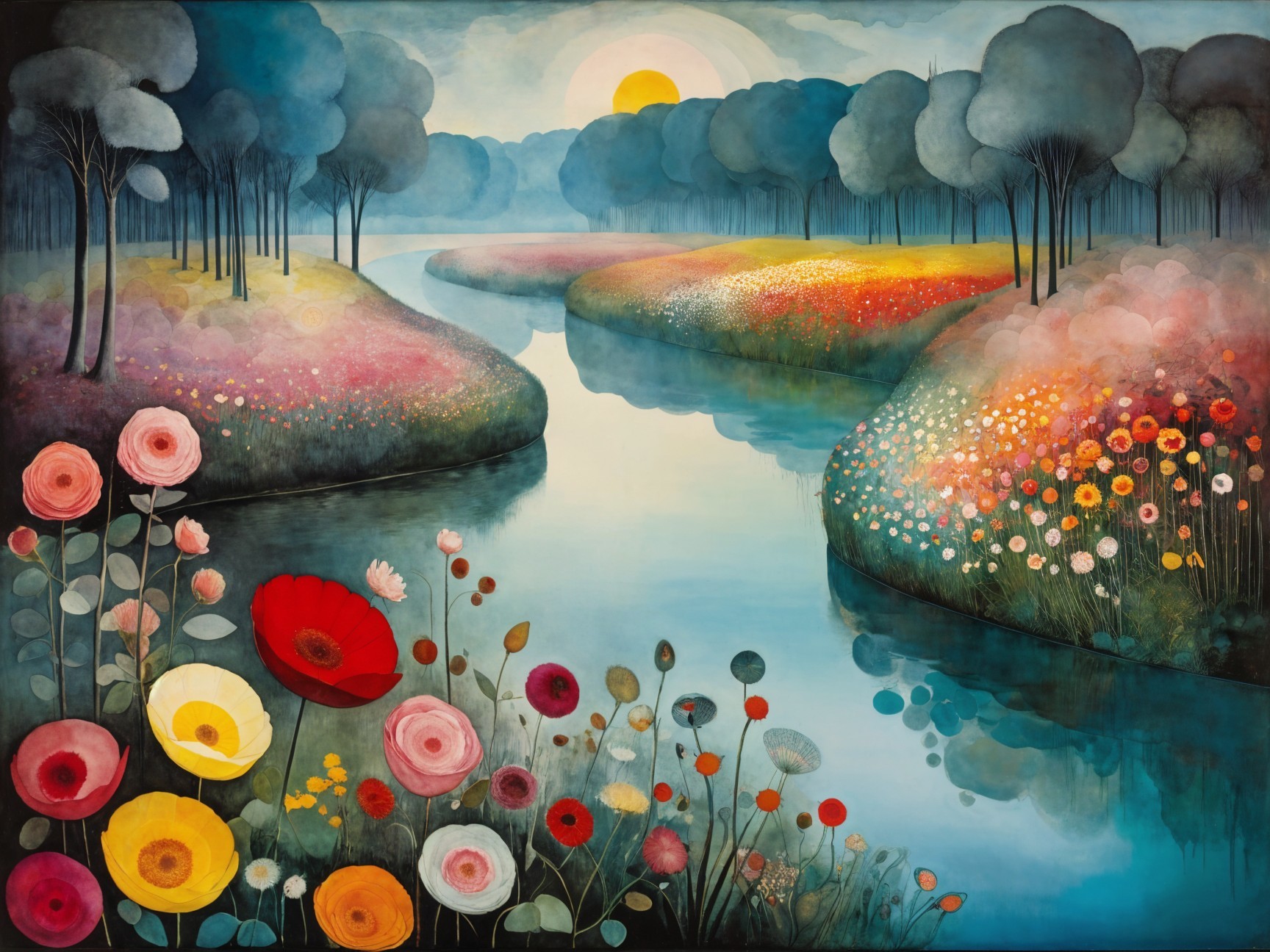 Serene Landscape with Winding River and Colorful Flowers