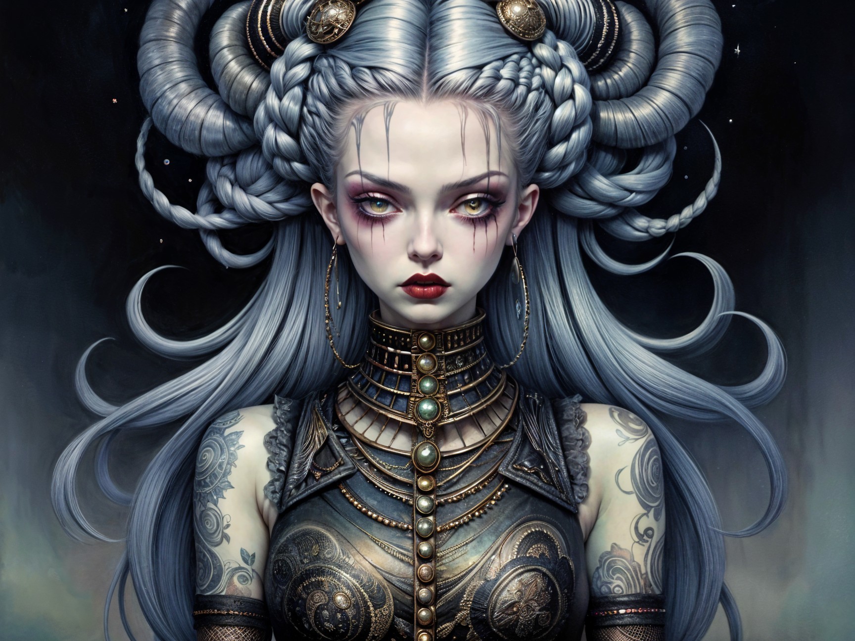 Female figure with blue braided hair and ram horns