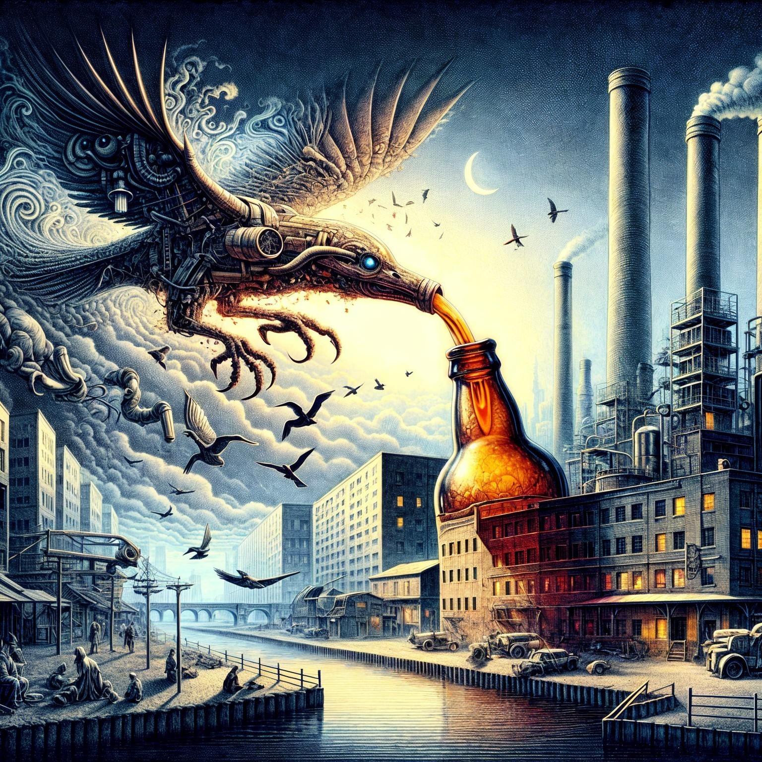 Colossal Mechanical Bird Pours Liquid in Industrial Landscape