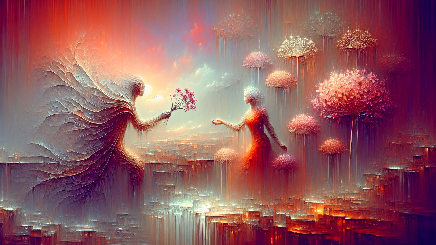 Ethereal Figures in Flowing Gowns on Fragmented Landscape