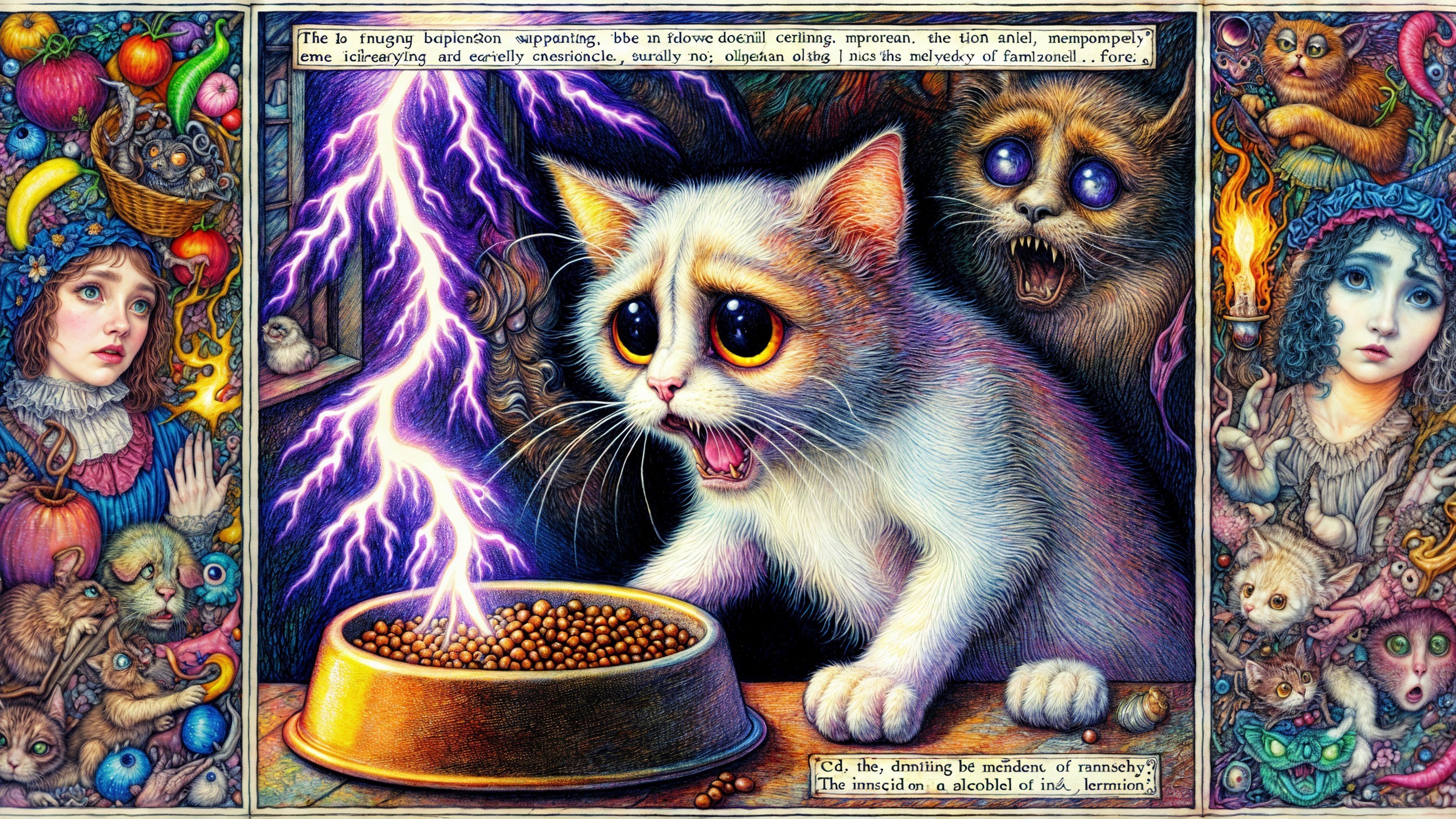 Whimsical Surreal Scene with Cat and Electric Food