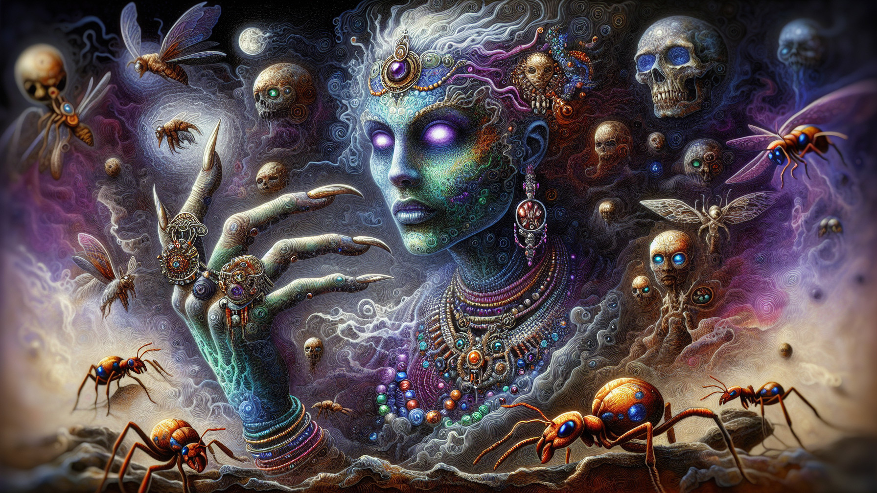 Mystical Figure with Jewelry in Cosmic Background