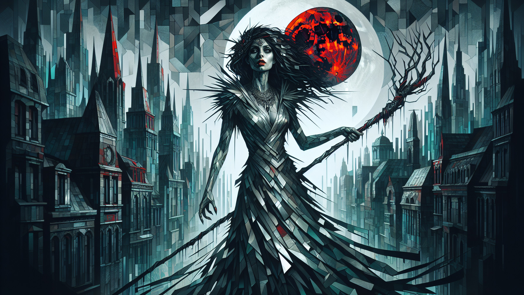 Gothic Cityscape with Haunting Figure and Red Moon