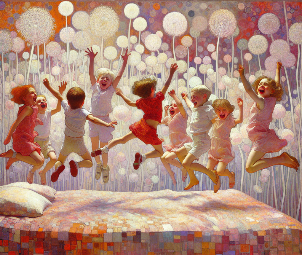 Children Jumping on Colorful Bed Surrounded by Flowers