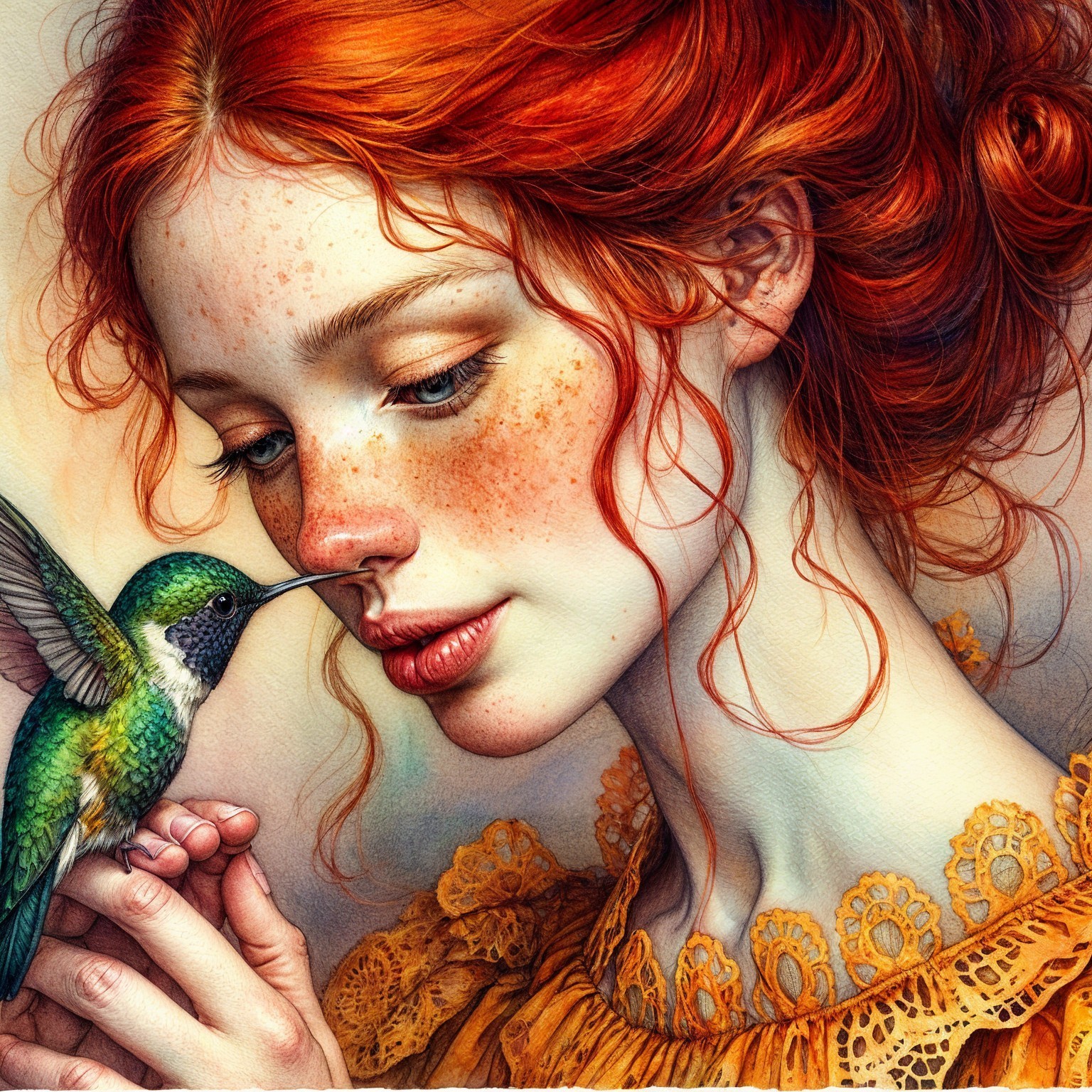 Young Woman with Red Hair and Hummingbird Interaction
