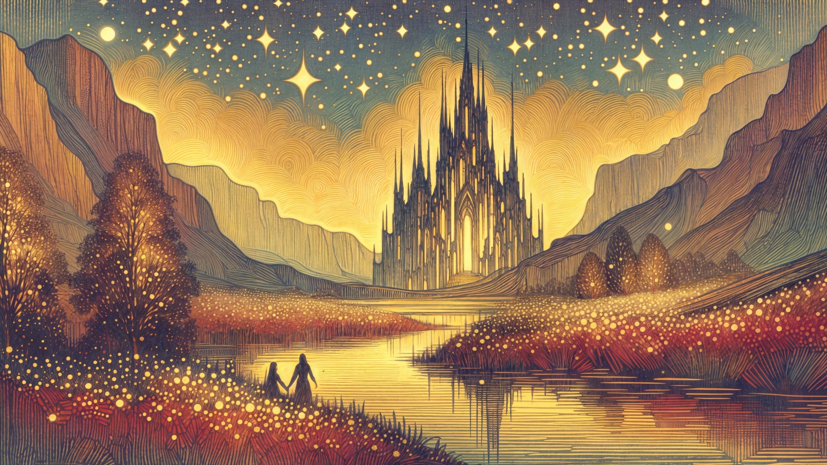 Serene landscape with river, castle, and starlit sky