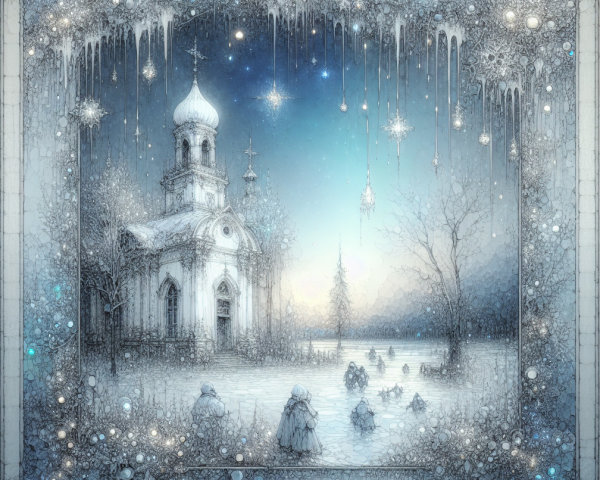 Winter Wonderland Fantasy Scene with Church and Figures