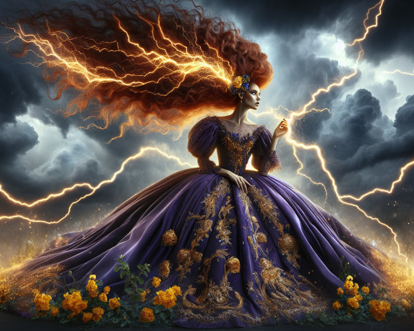 Majestic Figure in Purple Gown Amid Stormy Landscape
