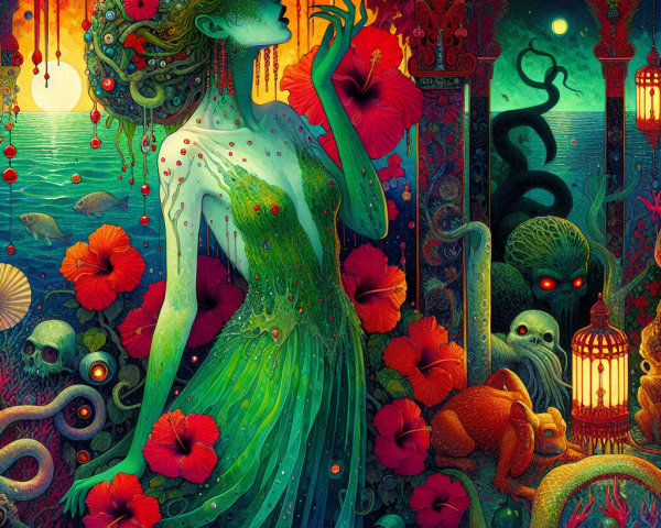 Ethereal Figure Surrounded by Creatures and Patterns