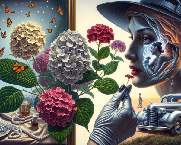 Surreal Floral Arrangement with Woman's Profile and Car