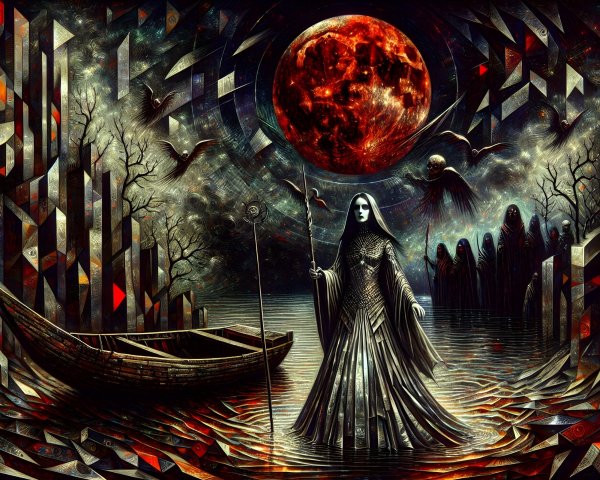 Mystical Scene with Dark Figure by Shimmering Water