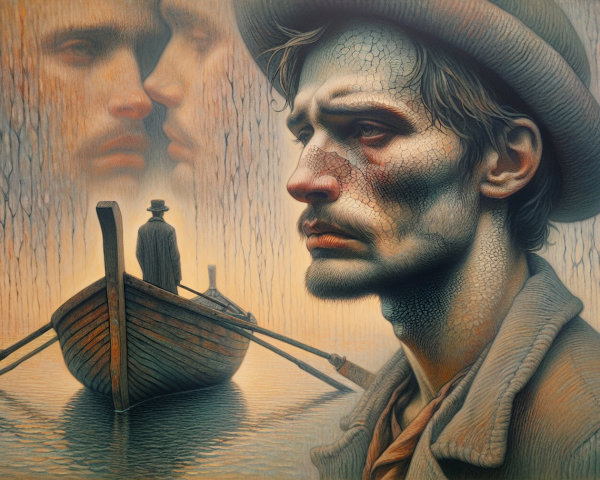 Somber Portrait of a Weathered Man by Waterway