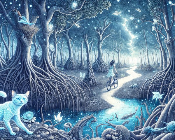 Twilight Forest with Bicycle and Luminescent Creatures