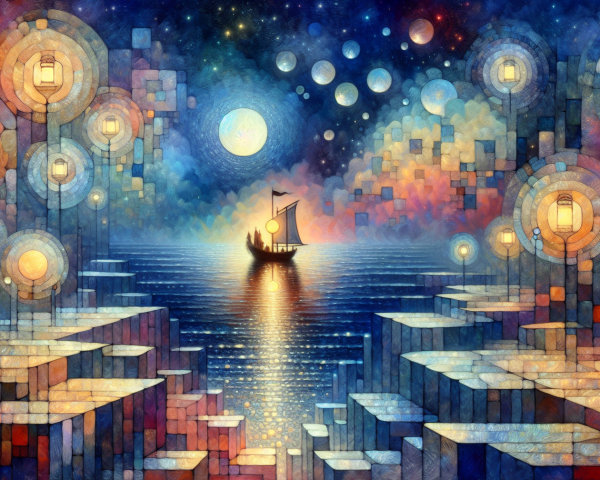 Nighttime Scene with Boat and Colorful Cliffs