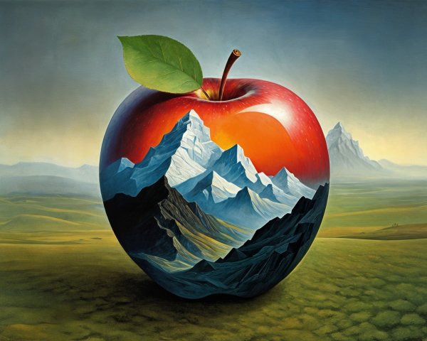 Surreal Painting of Red Apple with Mountain Landscape