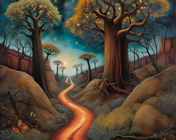 Surreal Fantasy Landscape with Glowing Trees and Path