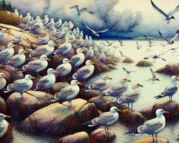 Seagulls Perched on Rocky Outcrops by the Coast