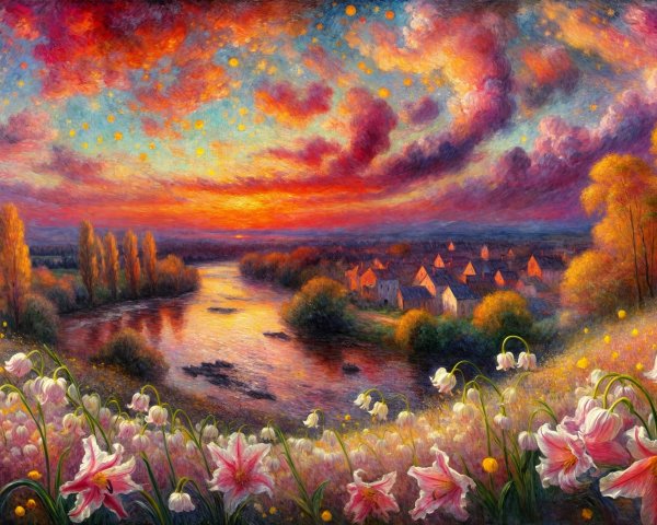 Vibrant Sunset Landscape with River and Cottages