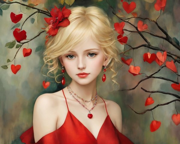 Young woman in red dress with floral accents