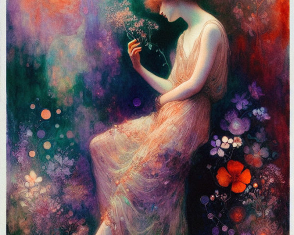 Young Woman in Peach Gown in Blooming Garden Setting
