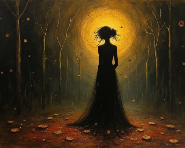 Shadowy Figure in Dark Forest Under Golden Moon