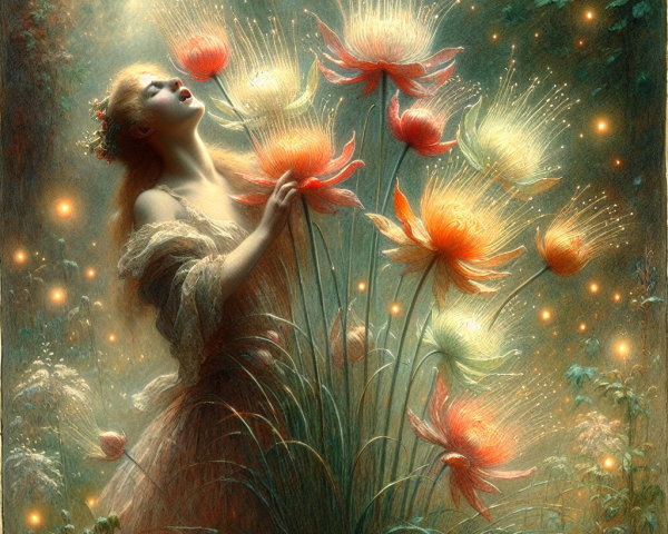 Woman in Dreamlike Forest with Glowing Flowers