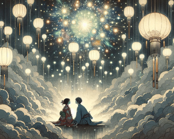 Figures in traditional attire under fireworks display