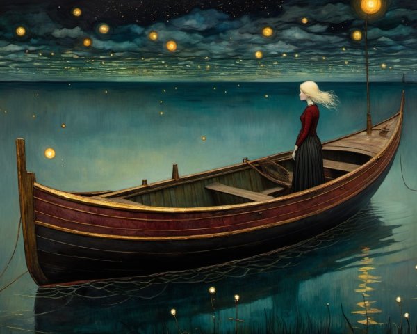 Figure in a boat on a star-lit serene lake