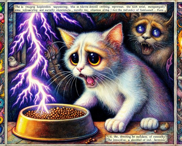 Whimsical Surreal Scene with Cat and Electric Food