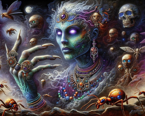 Mystical Figure with Jewelry in Cosmic Background
