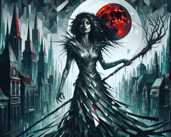 Gothic Cityscape with Haunting Figure and Red Moon
