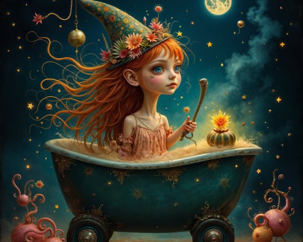 Whimsical Scene of a Girl in a Bathtub at Night