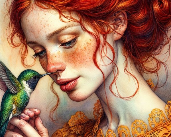 Young Woman with Red Hair and Hummingbird Interaction
