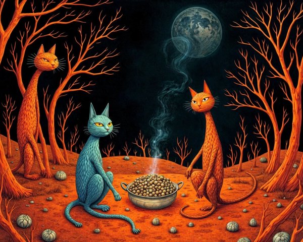 Surreal Scene of Cats in Moonlit Landscape