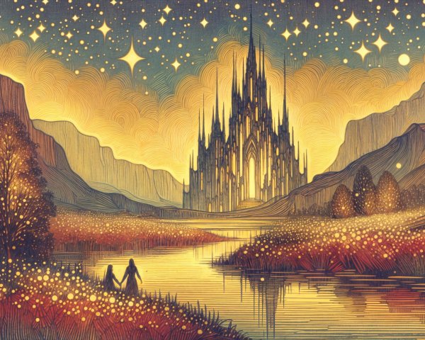 Serene landscape with river, castle, and starlit sky
