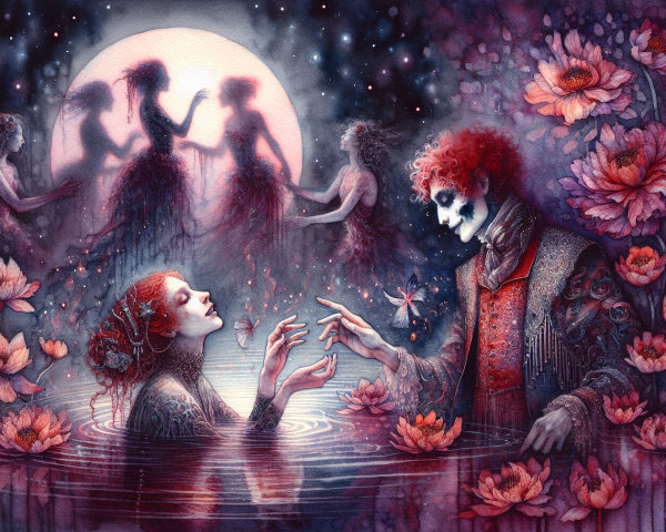 Fantasy Digital Watercolor Painting with Moonlit Scene