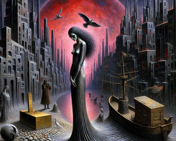 Surreal Landscape with Crimson Moon and Solitary Figure