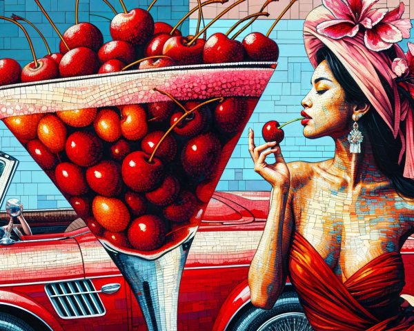 Vibrant Mosaic Artwork of Woman with Red Dress and Cherries