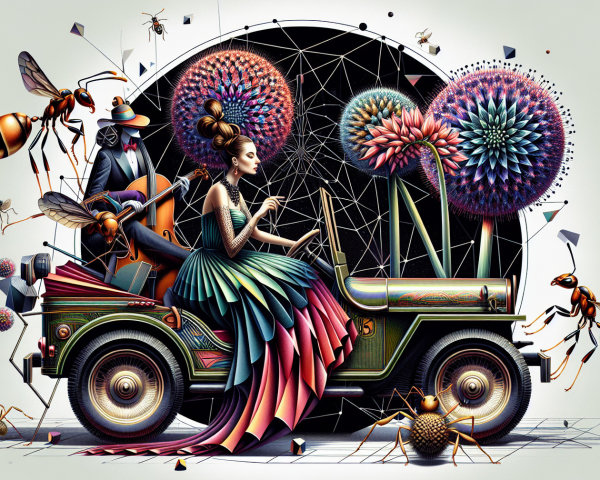 Surreal Scene with Woman in Jeep Surrounded by Flowers