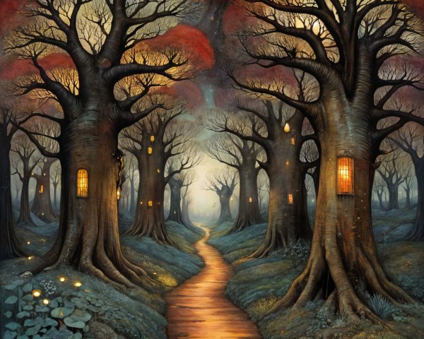 Mystical Forest Pathway with Glowing Windows and Trees