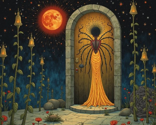Mystical Stone Doorway with Glowing Plants and Moon
