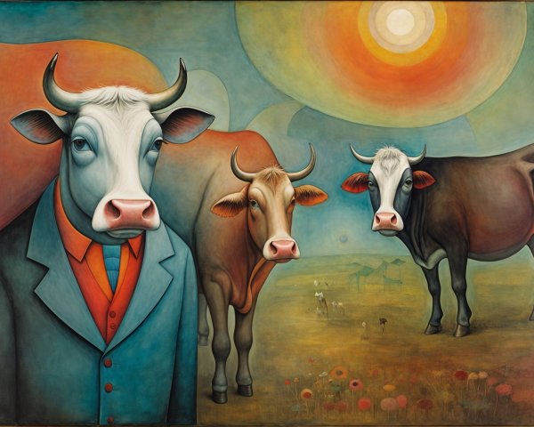 Whimsical Painting of Cows in Suits Among Flowers