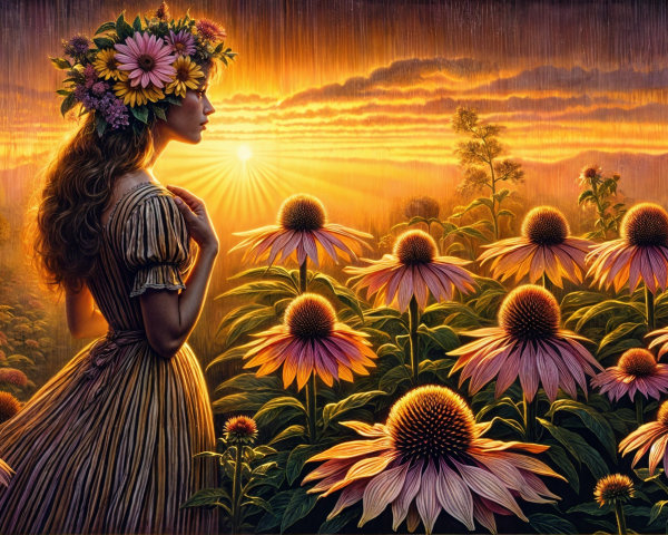 Woman with Floral Crown Amidst Coneflowers at Sunset