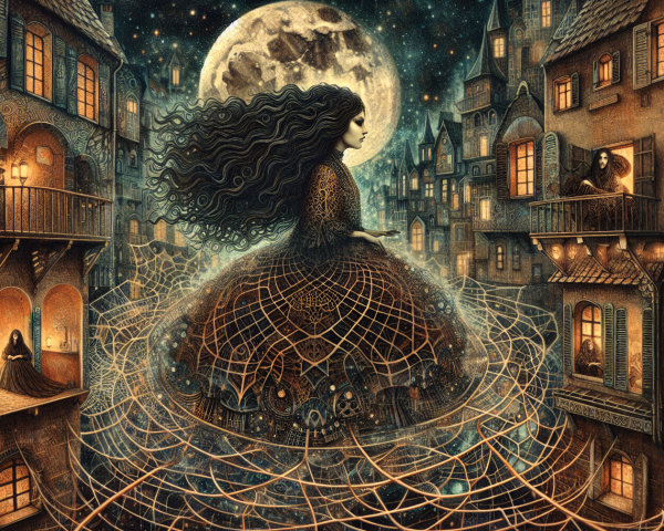 Whimsical Night Scene of a Girl in a Dreamlike Village