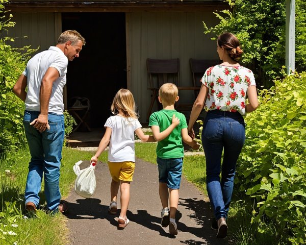 Family of Four Walking on Sunlit Pathway in Nature