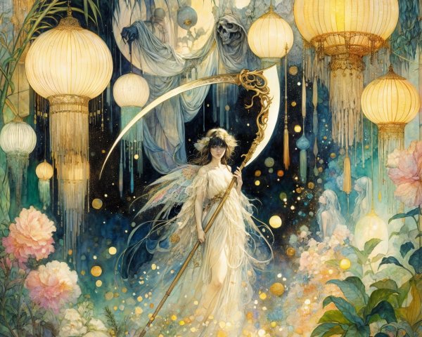 Mystical Figure in Ethereal Landscape with Lanterns