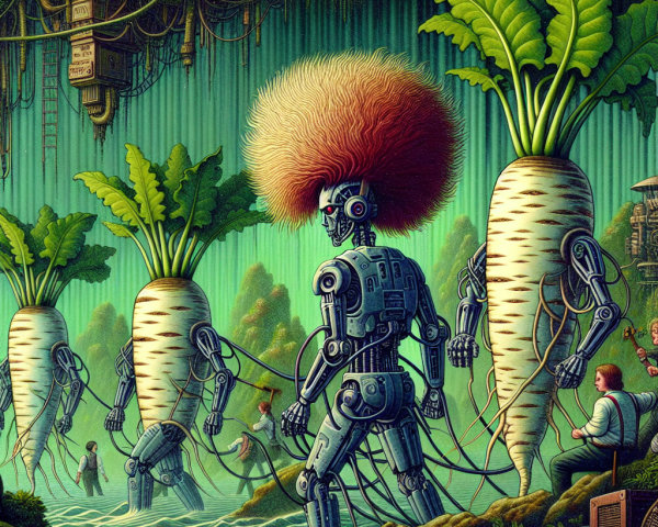 Humanoid Robots and Radishes in a Surreal Landscape